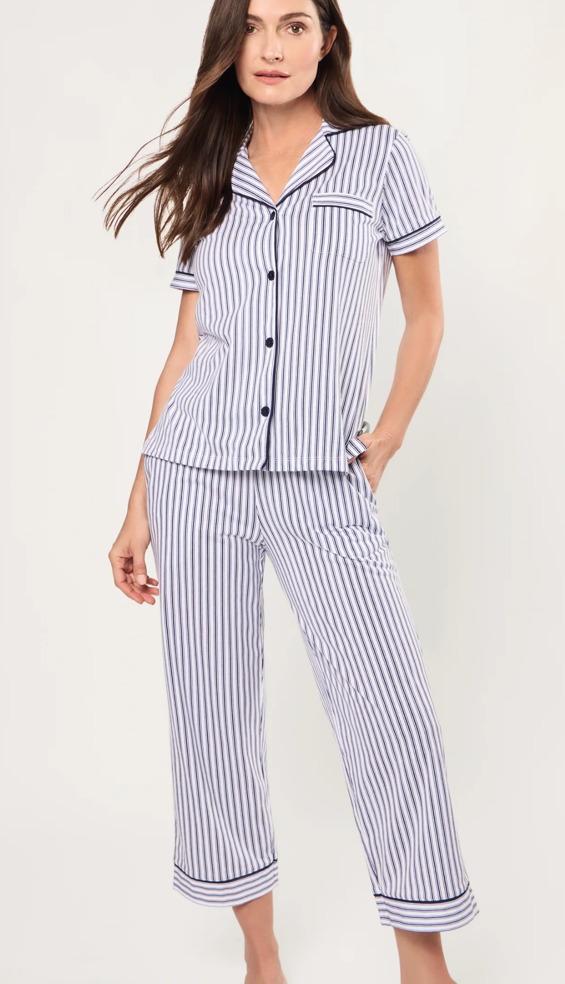 Pima Crop Set in Navy French Ticking