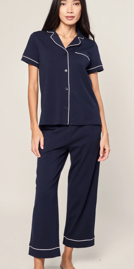 Pima Crop Set in Navy with White Piping