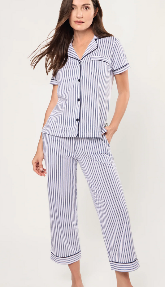 Pima Crop Set in Navy French Ticking